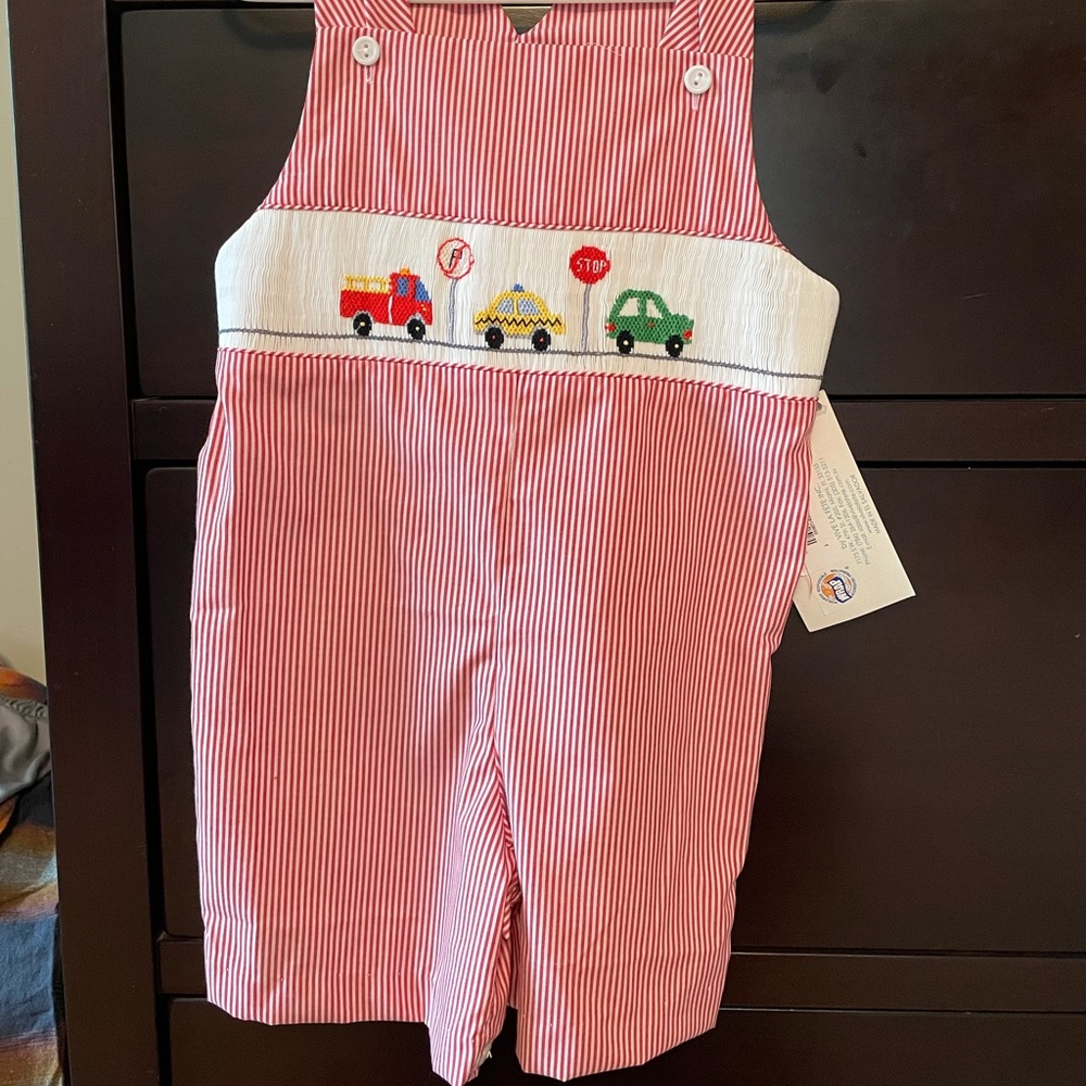 Vive la Fete red stripes boys smocked shortall size 3 NWT